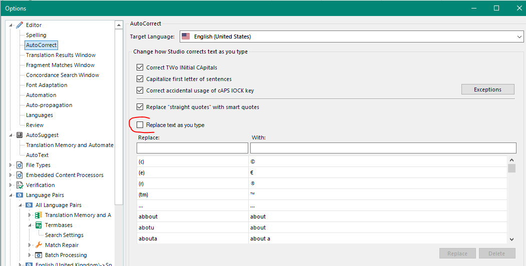 Trados Studio AutoCorrect settings window showing options for text correction, including unchecked 'Replace text as you type' and a list of text replacements.