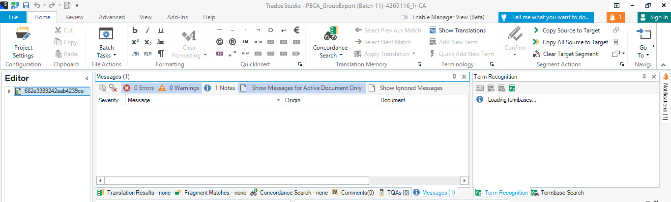 Trados Studio interface showing the Editor view with a 'Loading termbases...' message in the Term Recognition pane.