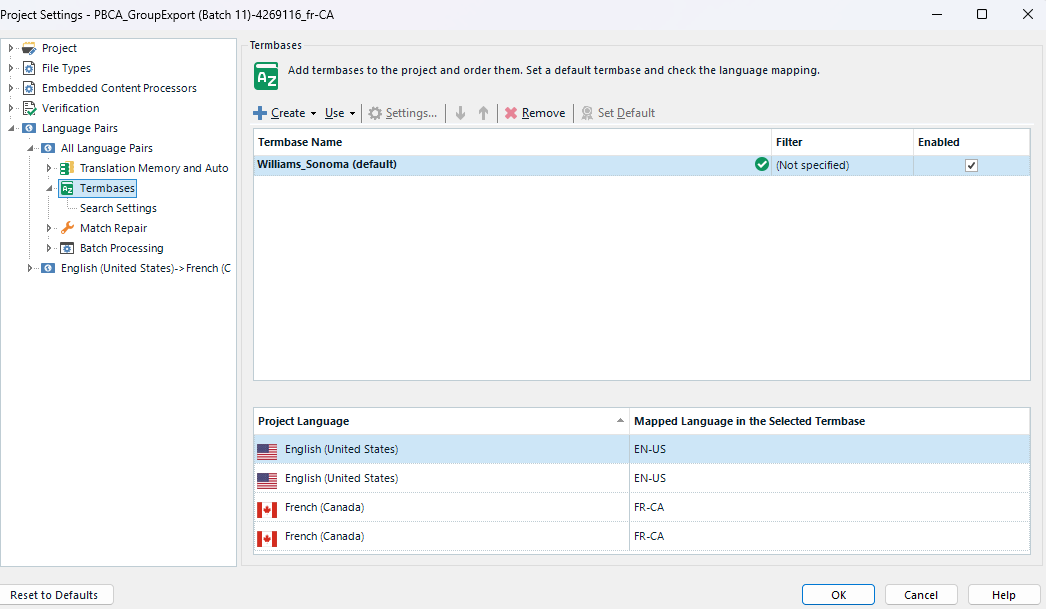 Project Settings window in Trados Studio displaying the Termbases section with 'Williams_Sonoma (default)' termbase enabled and language mappings listed below.