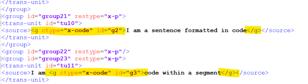 Highlighted XML code showing 'x-code' tags with text formatted as code.