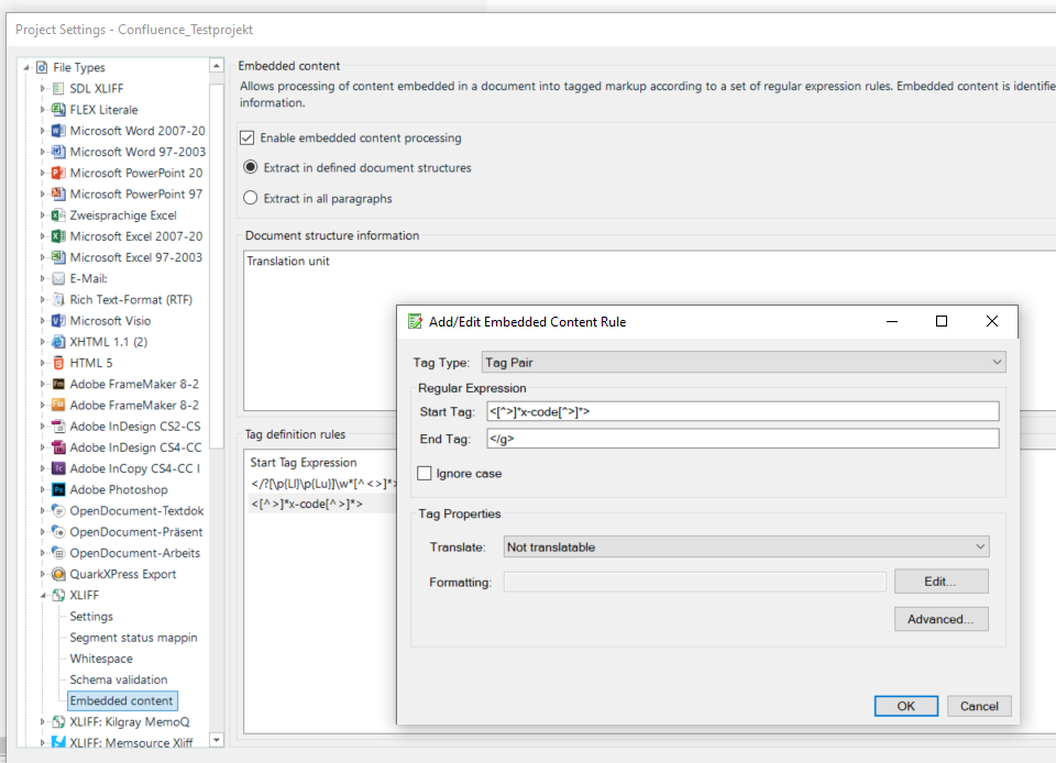 Trados Studio settings window with 'AddEdit Embedded Content Rule' dialog open, showing regex for 'x-code' tags.