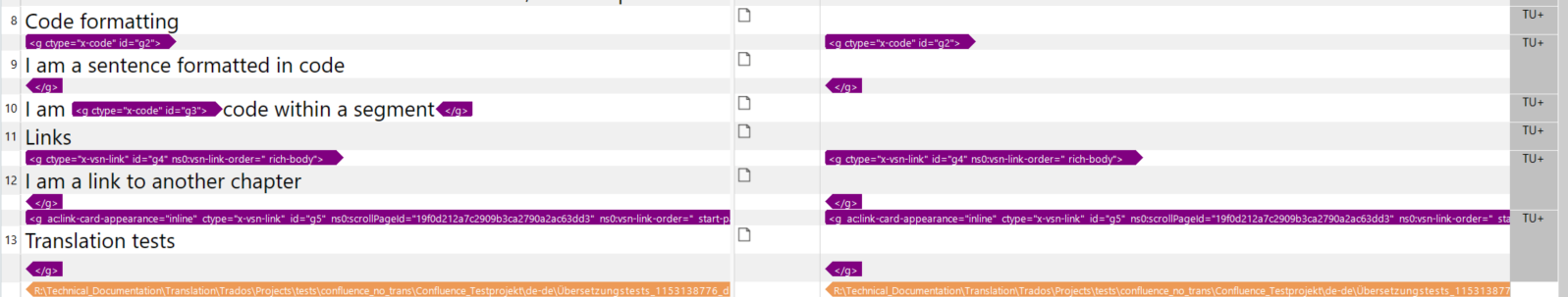 Trados Studio editor view displaying segments with 'x-code' and 'x-vsn-link' tags highlighted.