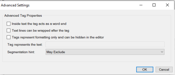 Advanced Settings dialog in Trados Studio showing options for tag properties and segmentation hints.