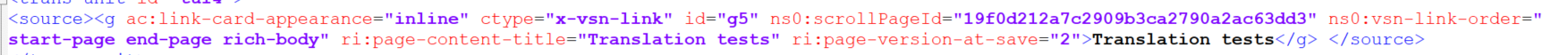 Highlighted XML code showing 'x-vsn-link' tag with attributes and text 'Translation tests'.