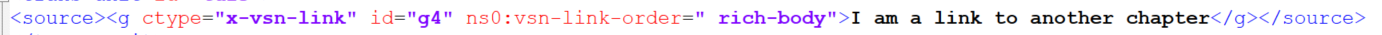 Highlighted XML code showing 'x-vsn-link' tag with attributes and text 'I am a link to another chapter'.
