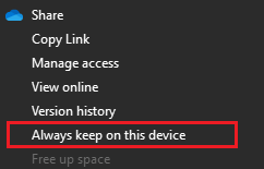 Context menu with the option 'Always keep on this device' highlighted in red.