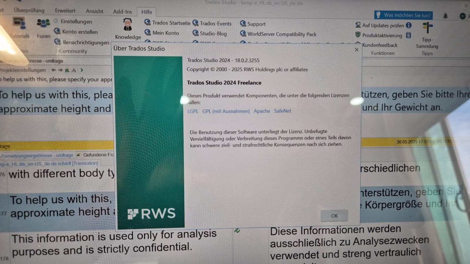 Screenshot of Trados Studio 2024 About window showing version 18.0.2.3255, license details, and copyright information in German.