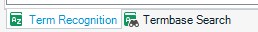 Screenshot showing the Term Recognition and Termbase Search tabs in Trados Studio, with the Term Recognition tab highlighted.