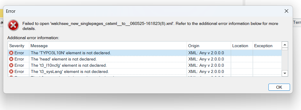 Error message in Trados Studio stating 'Failed to open walchsee_new_singlepages_catxml__to__060525-161823(8).xml'. Additional error information lists undeclared XML elements such as 'TYPO3L10N', 'head', 't3_l10ncfg', and 't3_sysLang'.