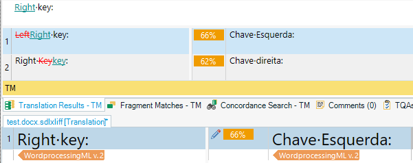 Screenshot of Trados Studio showing a comparison of translation matches. 'Left Right key' has a 66% match with 'Chave-Esquerda', and 'Right Key' has a 62% match with 'Chave-direita'.