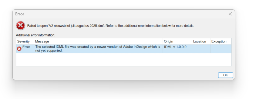 Error dialog in Trados Studio showing the message: Failed to open V2 nieuwsbrief juli-augustus 2025.idml. The selected IDML file was created by a newer version of Adobe InDesign not yet supported.