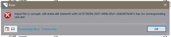 Error dialog in Trados Studio showing 'Input file is corrupt: cmt-meta-def element with id xxxxxxxx-xxxx-xxxx-xxxx-xxxxxxxxxxxx has no corresponding cmt-def' with OK button.