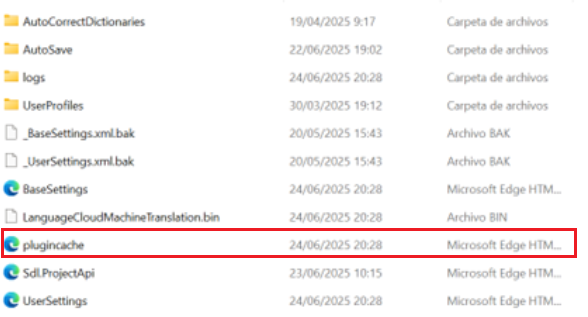 File explorer showing various files, with pluginchache.xml highlighted in red. The file is listed as a Microsoft Edge HTML document with a timestamp of 24062025 20:28.