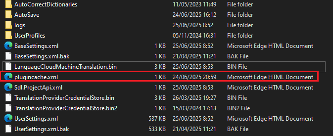 Windows Explorer screenshot showing a list of files and folders, with 'plugincache.xml' highlighted in red. The file is labeled as a Microsoft Edge HTML Document.