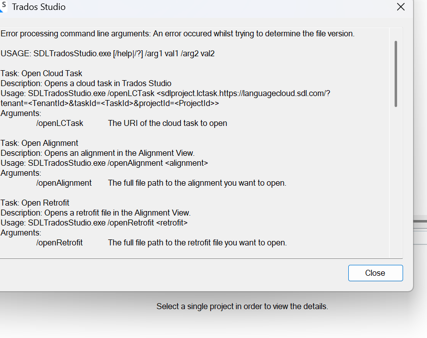 Trados Studio error window showing 'Error processing command line arguments: An error occurred whilst trying to determine the file version' with usage instructions for various tasks.