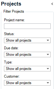 Screenshot of the Projects filter panel in Trados Studio 2024, showing dropdown menus for Status, Due date, Type, and Customer, all set to Show all projects.