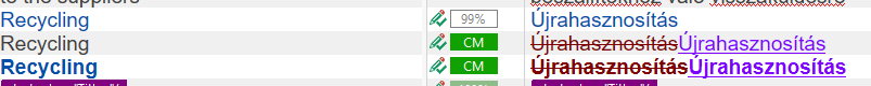 Screenshot of Trados Studio showing the word 'Recycling' repeated with translations in Hungarian as 'Ujrahasznositas'. The correction and original appear identical, with CM and 99% match indicators.