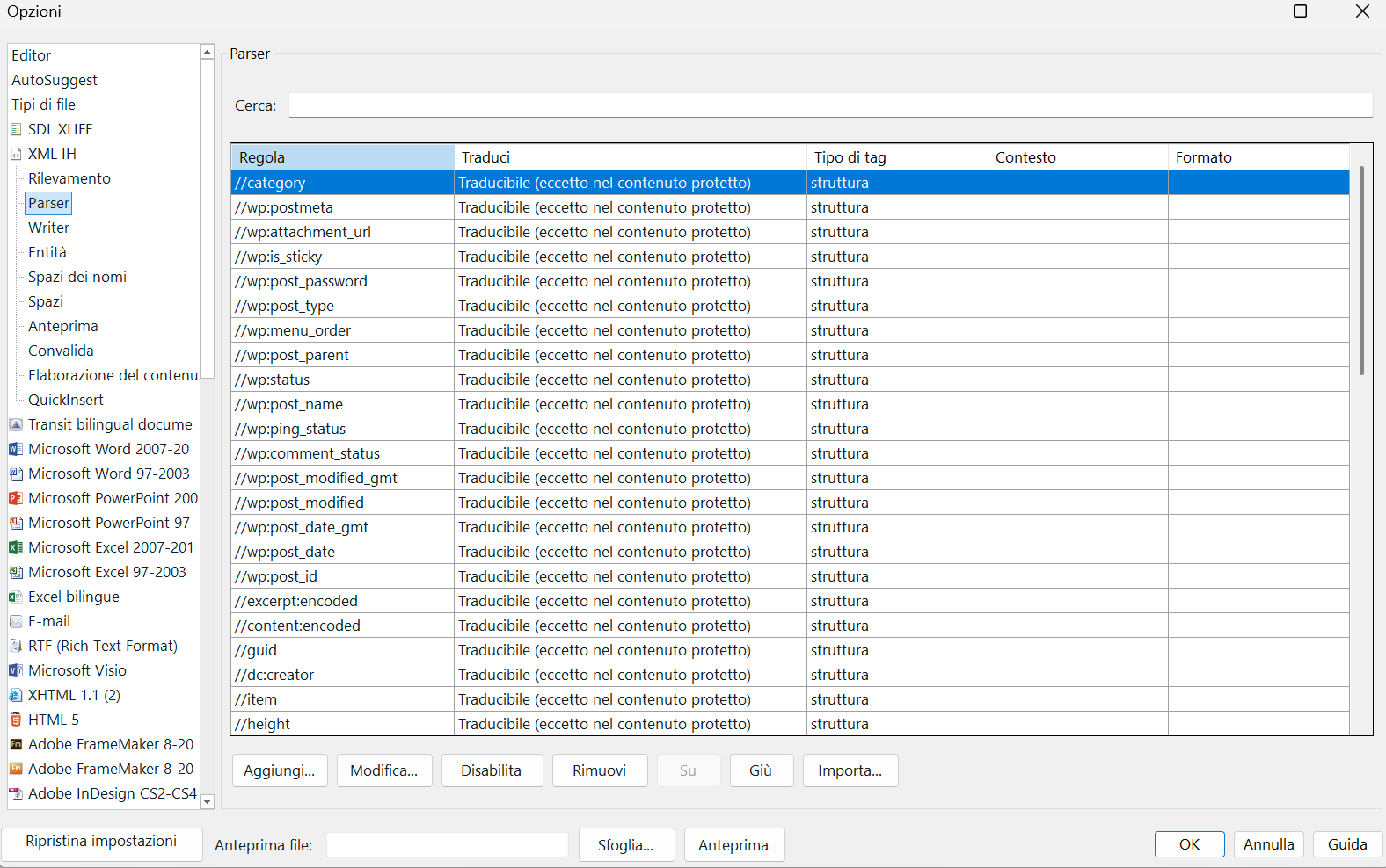 Trados Studio options window showing the Parser settings for a custom XML file type. The table lists rules like category and wp:postmeta with translation settings.