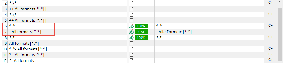 Screenshot showing segmentation results in Trados Studio with a highlighted row containing '- All formats*.*' and corresponding translation as '- Alle Formate*.*'.