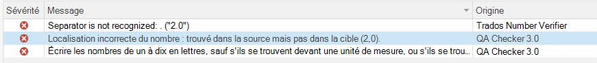 Screenshot showing three error messages in Trados Studio QA Checker. First error: 'Separator is not recognized: (2.0)' from Trados Number Verifier. Second error: 'Localisation incorrecte du nombre: trouve dans la source mais pas dans la cible (2,0)' from QA Checker 3.0. Third error: 'Ecrire les nombres de un a dix en lettres, sauf s'ils se trouvent devant une unite de mesure, ou s'ils se trou...' from QA Checker 3.0.