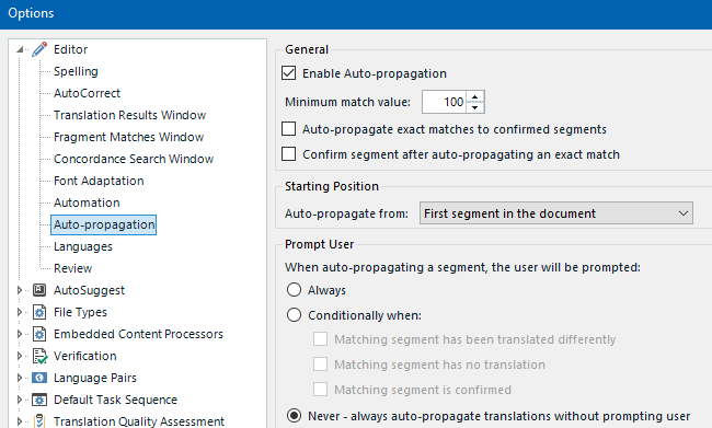 Trados Studio options window displaying Auto-propagation settings with 'Enable Auto-propagation' checked, 'Auto-propagate from' set to 'First segment in the document', and 'Never' selected for prompt user.