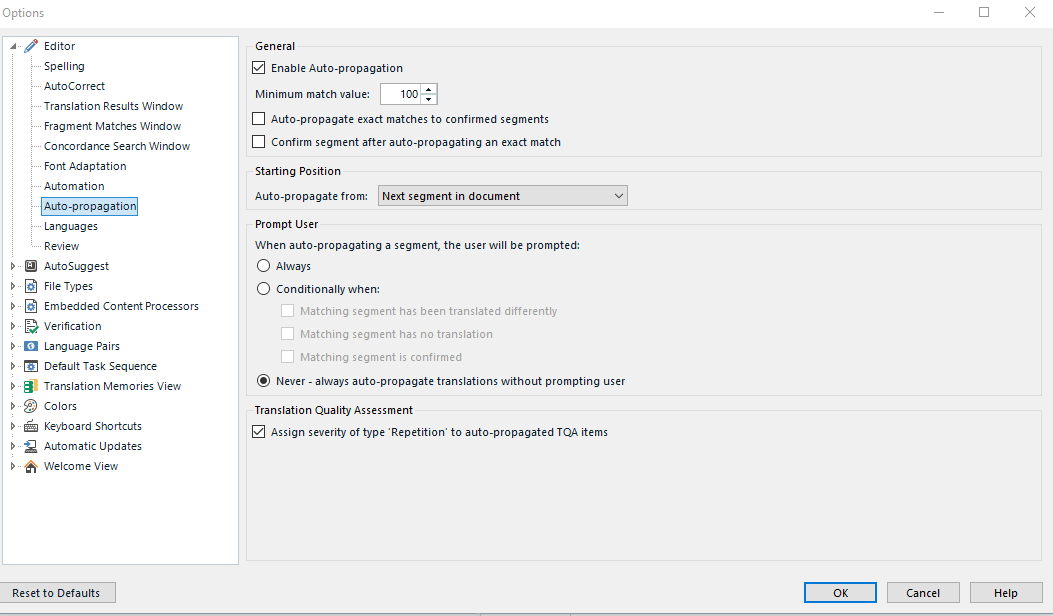 Trados Studio options window showing Auto-propagation settings, with 'Enable Auto-propagation' checked and 'Minimum match value' set to 100.