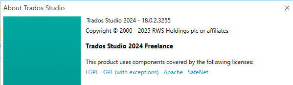 About Trados Studio window showing version 2024, build 18.0.2.3255, copyright details, and license information including LGPL, GPL, Apache, and SafeNet.