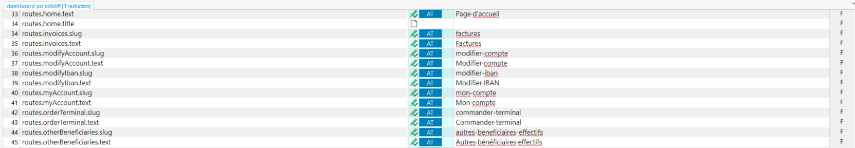 Screenshot of Trados Studio 2024 showing a PO file with two columns: left column contains untranslated text like 'routes.home.text', right column contains text to be translated like 'Page d'accueil'.
