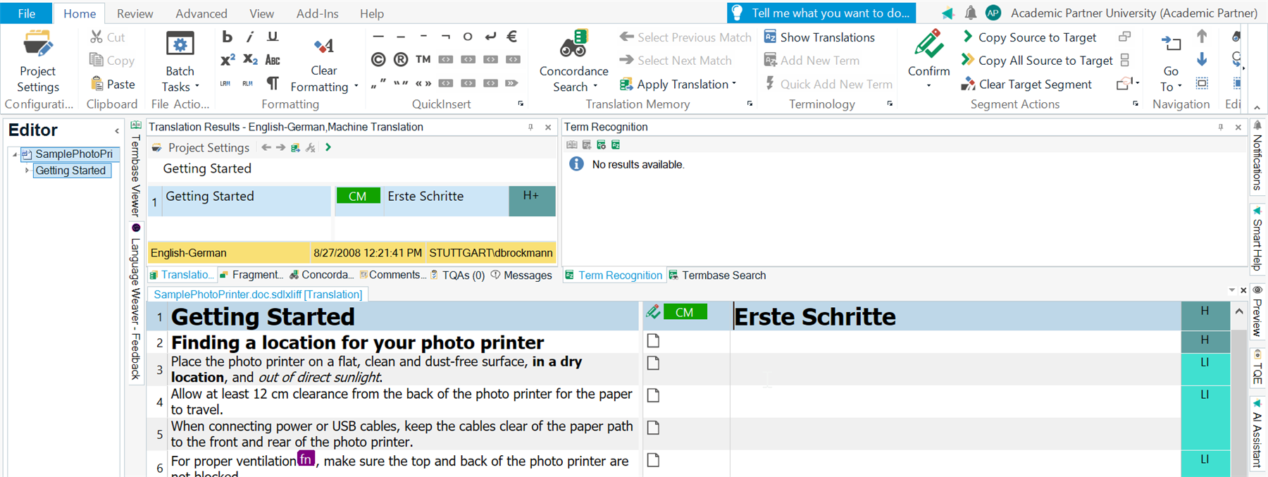 Screenshot of Trados Studio interface showing the Editor view with a document titled 'Getting Started' in English and German. Translation results and term recognition panels are visible.