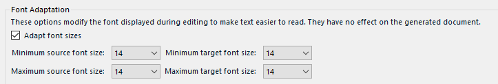 Font Adaptation settings window showing options to adapt font sizes with minimum and maximum font size values for source and target text set to 14.