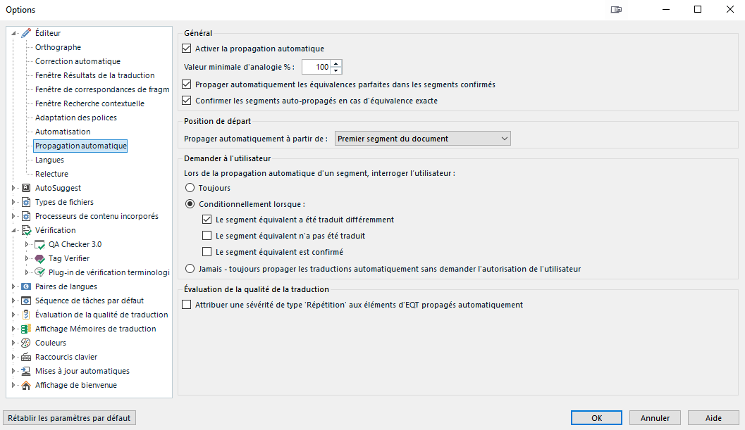 Trados Studio options window showing 'Propagation automatique' settings with checkboxes for auto-propagation, confirmation, and user prompts, along with translation quality evaluation options.