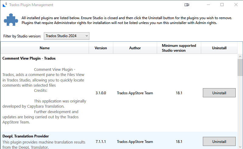 Trados Plugin Management window showing installed plugins for Trados Studio 2024, including Comment View Plugin and DeepL Translation Provider with uninstall buttons.