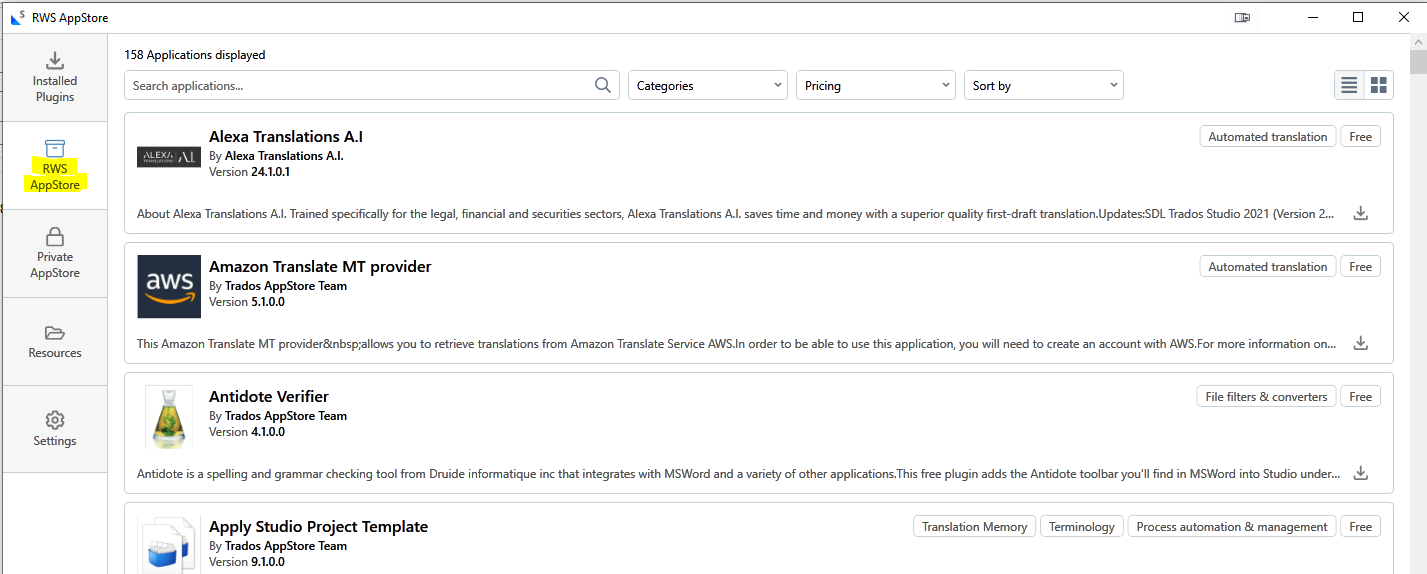 RWS AppStore window displaying a list of applications, including Alexa Translations AI, Amazon Translate MT provider, and Antidote Verifier, with categories, pricing, and search options.