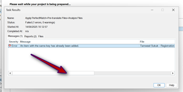 Task Results window in Trados Studio showing an error message: 'An item with the same key has already been added.' A red arrow points to the error details section.