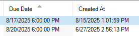 Screenshot showing a table with columns labeled 'Due Date' and 'Created At', displaying two rows with dates and times in MMDDYYYY format.