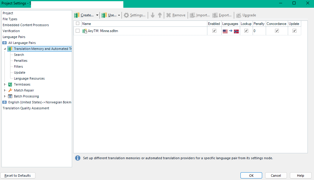 Trados Studio Project Settings window showing Translation Memory and Automated Translation options with AnyTM: Minne.sdlTM enabled for English to Norwegian Bokmal.