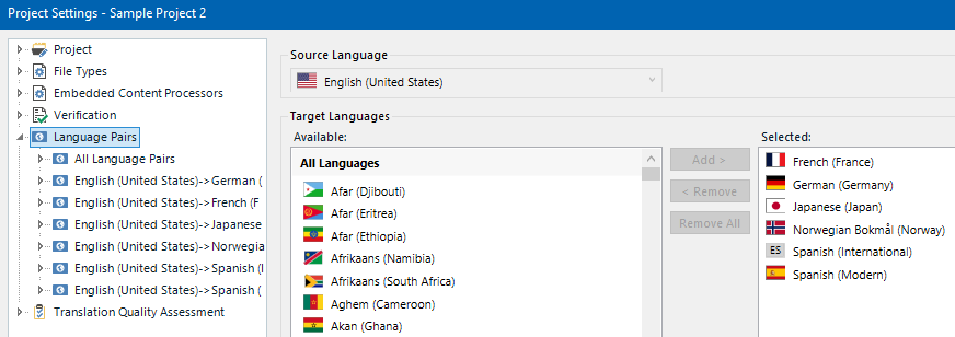 Trados Studio Project Settings window showing Source Language as English (United States) and Target Languages including French, German, Japanese, Norwegian Bokmal, and Spanish.