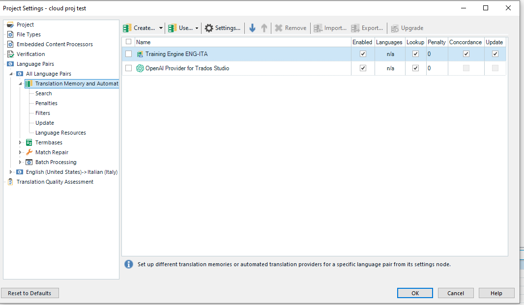 Screenshot of Trados Studio Project Settings showing Translation Memory and Automated Translation under All Language Pairs. OpenAI Provider for Trados Studio is listed and enabled.