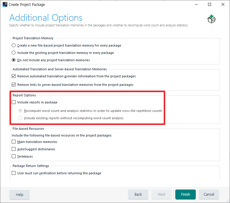 Trados Studio Create Project Package window showing Additional Options with 'Include reports in package' checkbox unchecked and Report Options section highlighted.