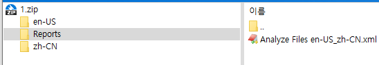 File explorer view of a zip file showing folders en-US, Reports, and zh-CN, with a file named 'Analyze Files en-US_zh-CN.xml' inside the Reports folder.