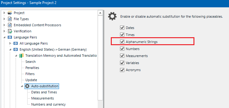 Trados Studio Project Settings window showing Auto-substitution options with 'Alphanumeric Strings' checkbox enabled and highlighted in red.