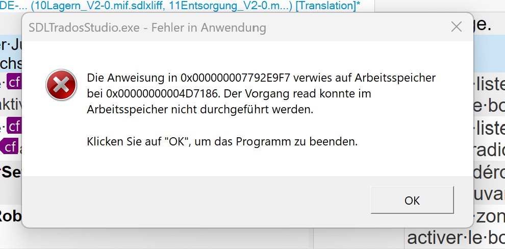 Error message in German from SDLTradosStudio.exe stating memory at address 0x00000000004D7186 could not be read. Includes an OK button to close the program.