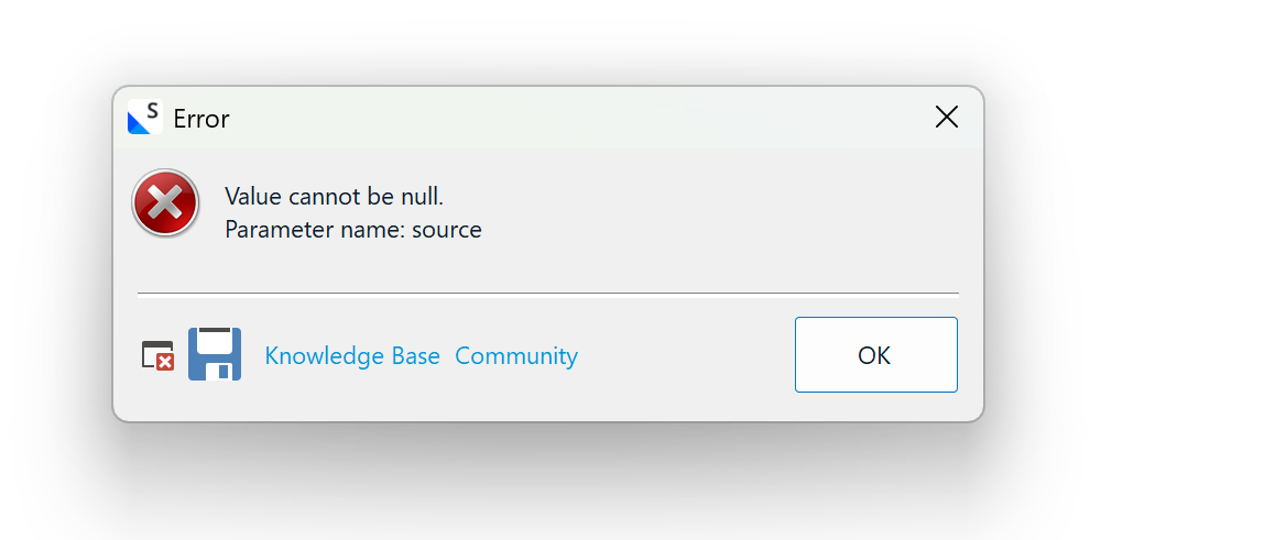 Error message in SDL Trados Studio: 'Value cannot be null. Parameter name: source' with options for Knowledge Base, Community, and an OK button.