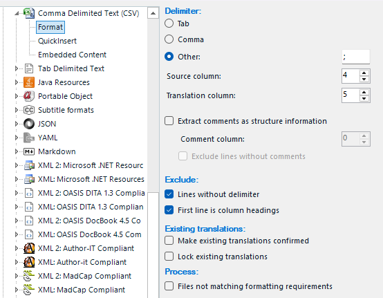 Trados Studio settings for loading a CSV file, showing delimiter as semicolon, source column as 4, translation column as 5, and options for excluding lines without delimiters.