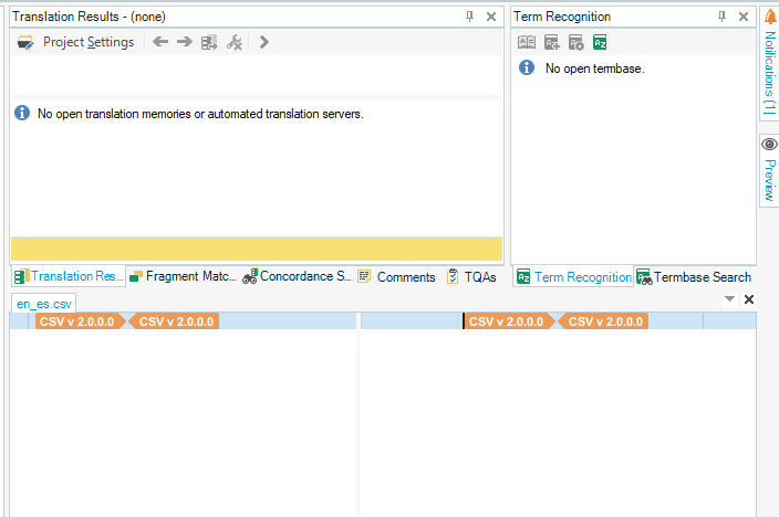 Trados Studio editor view with no open translation memories or termbases, and no translatable rows displayed for the file en_es.csv.