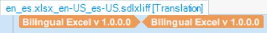 Screenshot showing a file name 'en_es.xlsx_en-US_es-US.sdlxliff' with two orange labels reading 'Bilingual Excel v 1.0.0.0'.