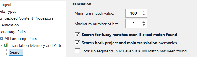 Screenshot of Trados Studio settings under 'Translation Memory and Auto' with options for 'Search for fuzzy matches even if exact match found' and 'Search both project and main translation memories' checked.