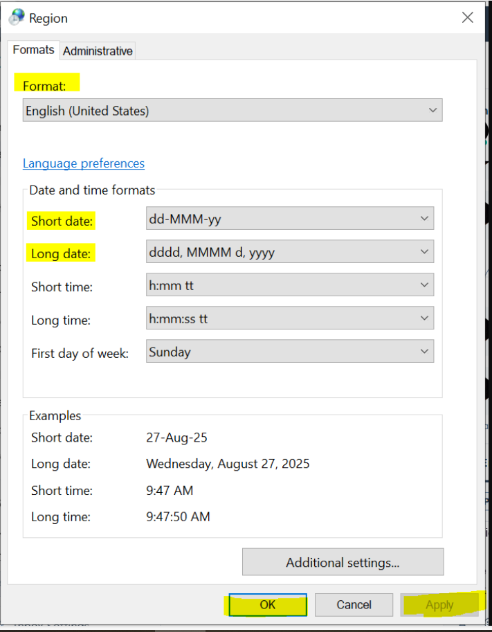 Region settings window showing Format set to English (United States). Short date format is dd-MMM-yy, and Long date format is dddd, MMMM d, yyyy. OK and Apply buttons are highlighted.