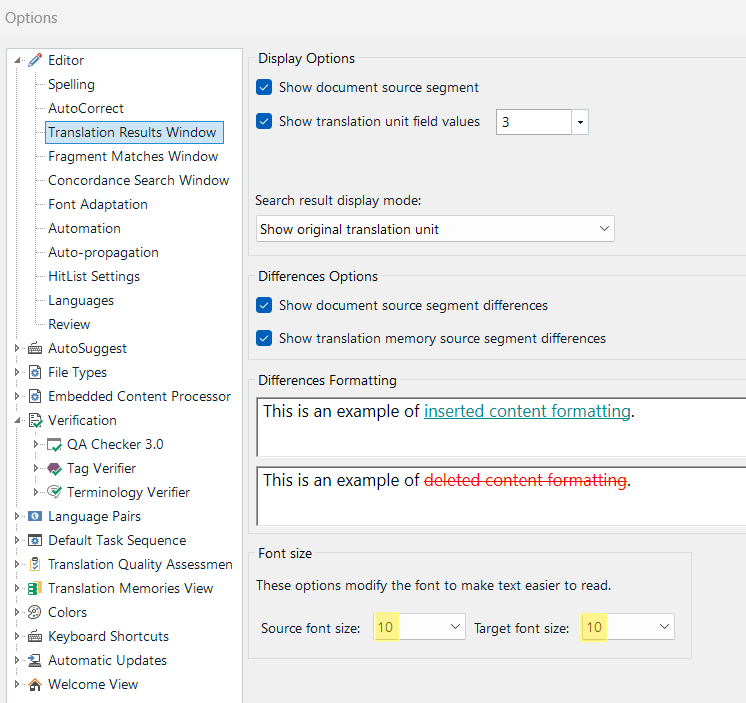 Trados Studio options menu showing Translation Results Window settings, including font size set to 10 and examples of inserted and deleted content formatting.