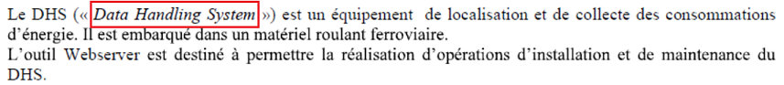 Screenshot of a French text mentioning 'Data Handling System' in red box, describing it as equipment for energy data collection in railway vehicles.